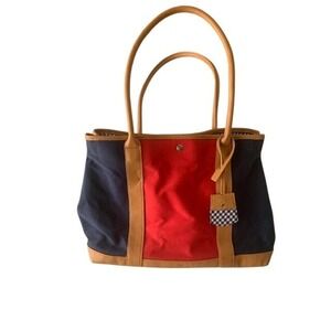 Talbots Shoulder Bag Navy/Red Canvas Tote Checkered Interior EUC Resortwear